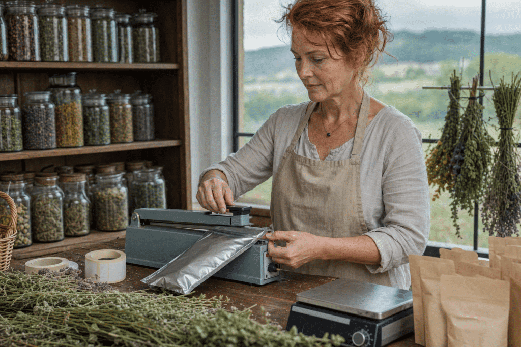 Gyógynövényes műhelyben kézzel zárt aromazáró csomagolás